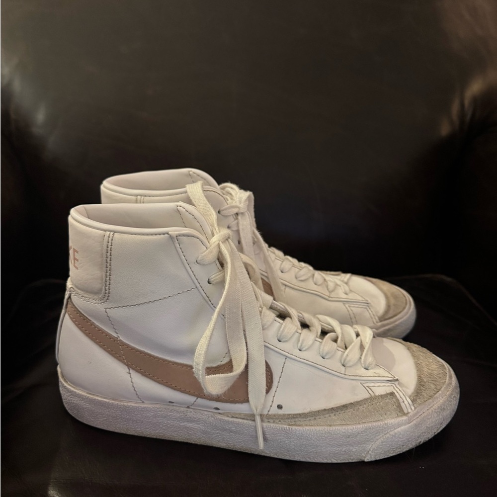 White and Tan High-Top Nike Blazers